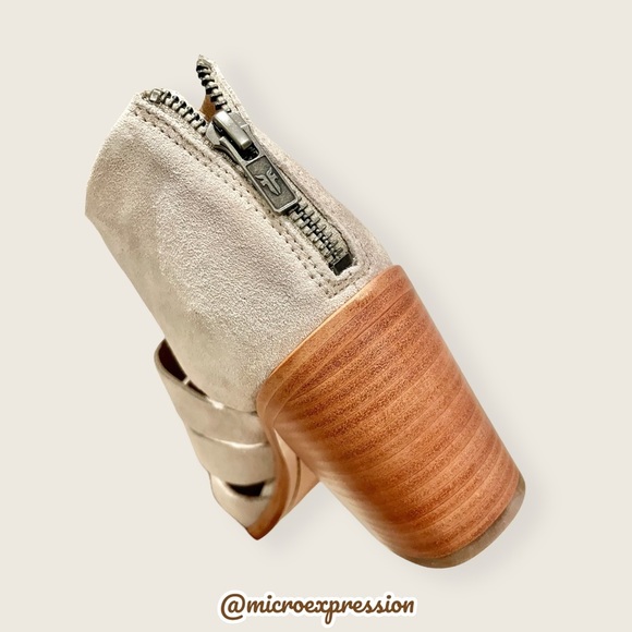 $328 Frye Tash Grey Suede Real Leather Cut Out Strappy Wood PeepToe Ankle Bootie - Picture 8 of 10